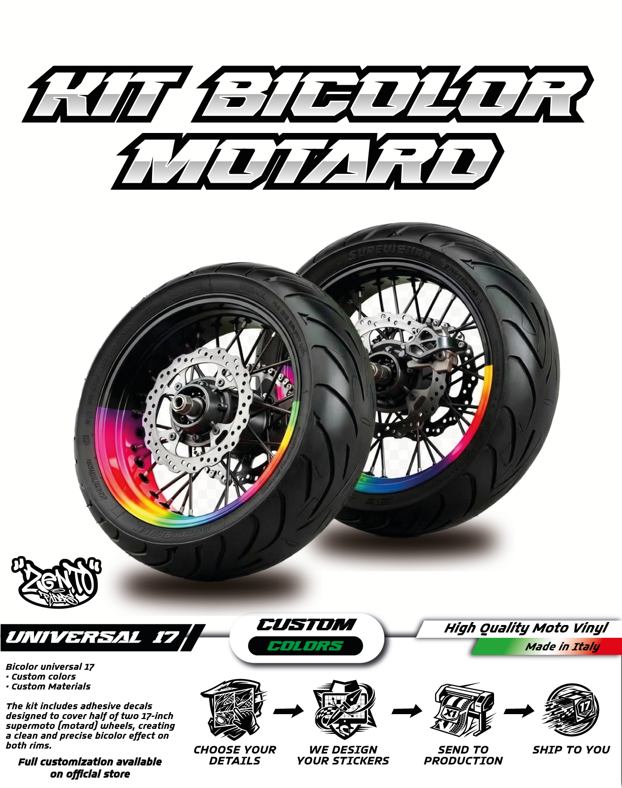 KIT ADESIVI CERCHI MOTARD BICOLOR grafiche ruote moto 17'' universali